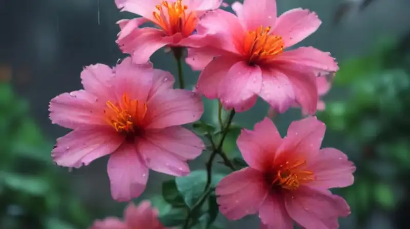 pink-flowers-with-yellow-centers-them-with-green-leaves