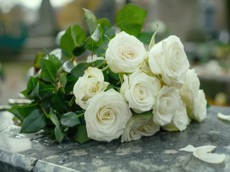 white rose on coffin